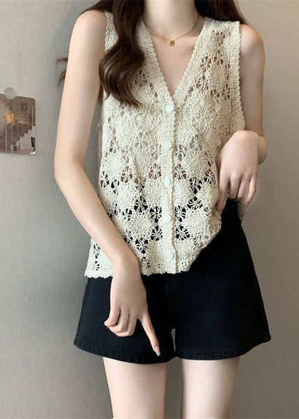 Hollow Vest Apricot Summer Out Solid Knit FashionChic