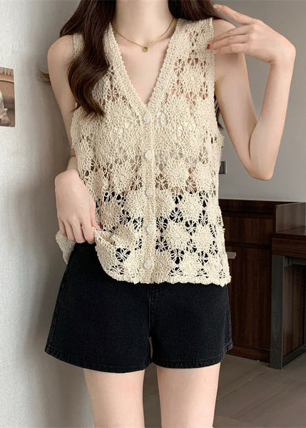 Hollow Vest Apricot Summer Out Solid Knit FashionChic