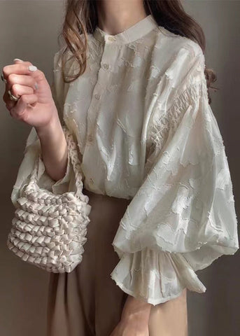 Chiffon Sheer Shirt Jacquard Lantern Apricot Sleeve FashionChic