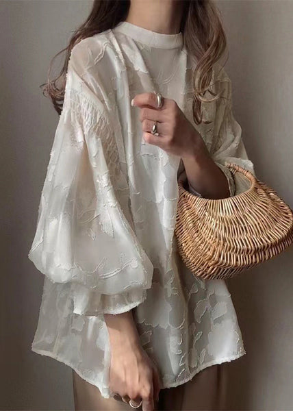 Chiffon Sheer Shirt Jacquard Lantern Apricot Sleeve FashionChic