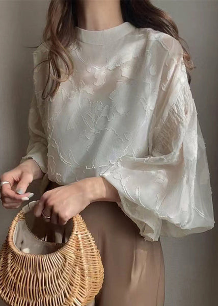 Chiffon Sheer Shirt Jacquard Lantern Apricot Sleeve FashionChic
