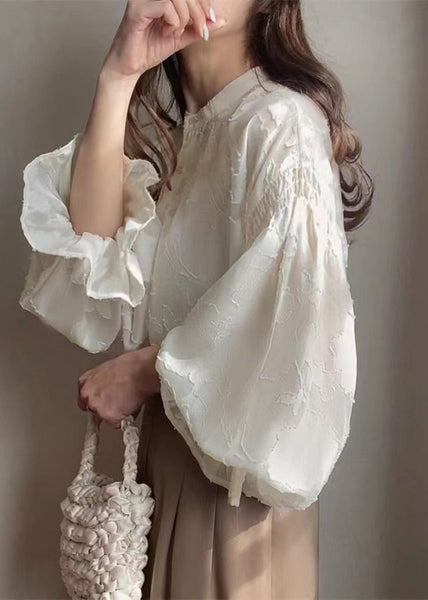Chiffon Sheer Shirt Jacquard Lantern Apricot Sleeve FashionChic