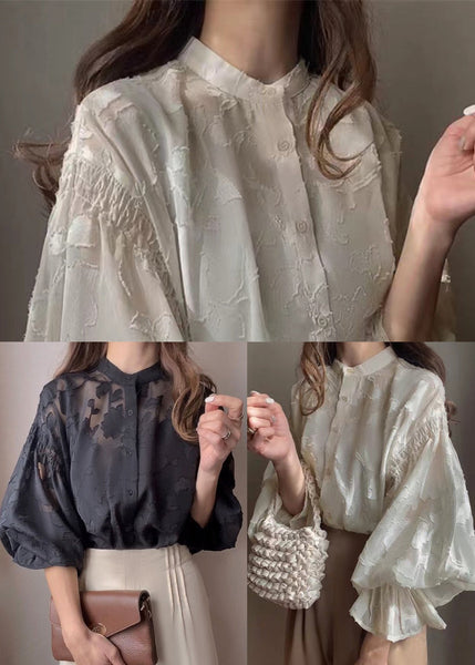 Chiffon Sheer Shirt Jacquard Lantern Apricot Sleeve FashionChic