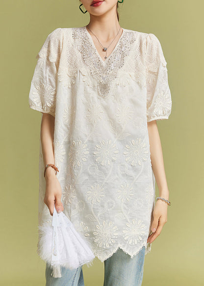 Apricot Nail Bead Lace Cotton Tops Short Sleeve AC1021 Genistyle Shop