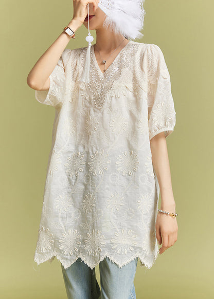 Apricot Nail Bead Lace Cotton Tops Short Sleeve AC1021 Genistyle Shop