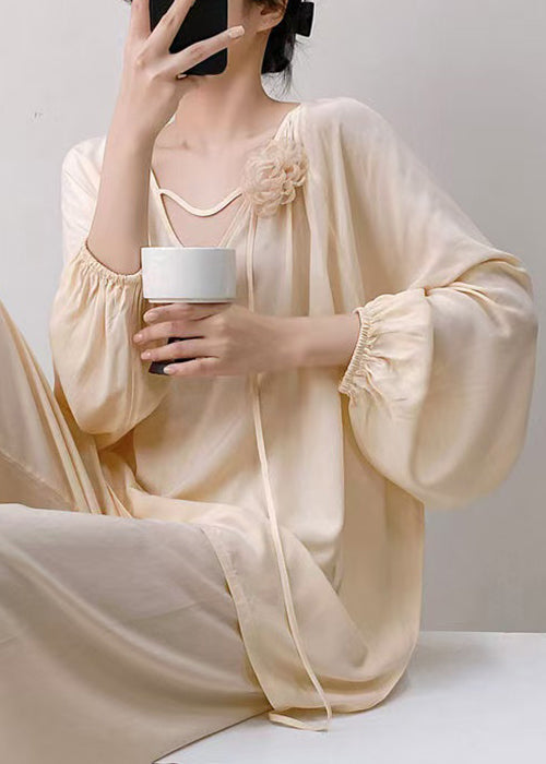 Oversized Fall Two Pajamas Apricot Cotton Set Pieces Solid V Neck FashionChic