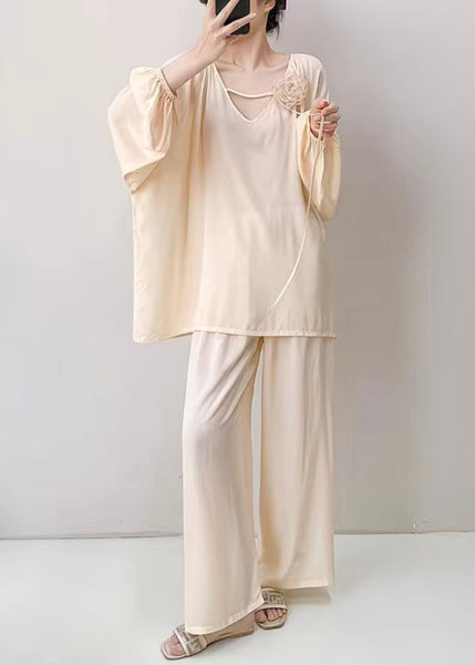 Oversized Fall Two Pajamas Apricot Cotton Set Pieces Solid V Neck FashionChic