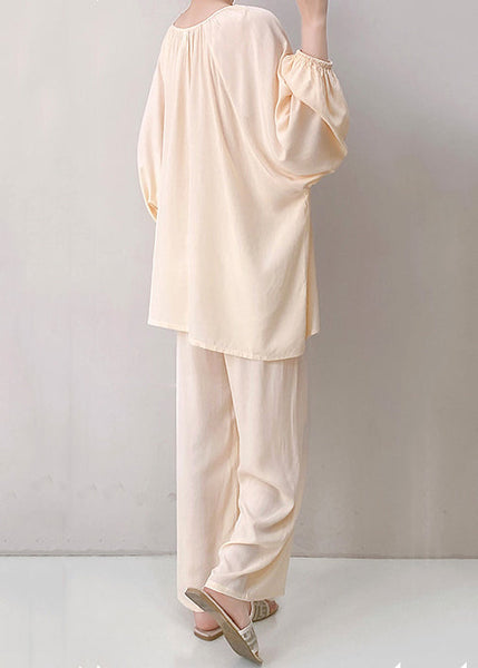 Oversized Fall Two Pajamas Apricot Cotton Set Pieces Solid V Neck FashionChic