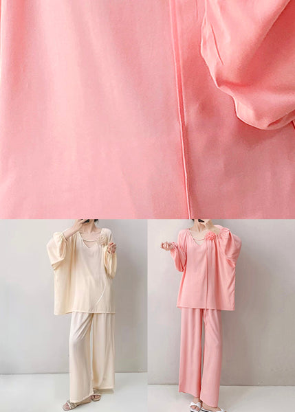 Oversized Fall Two Pajamas Apricot Cotton Set Pieces Solid V Neck FashionChic
