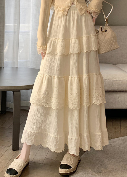 Apricot Patchwork Cotton Skirt Elastic Waist Wrinkled Summer QQ1023 Ada Fashion