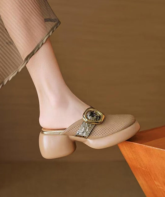 Sandals Slide 2025 Hollow Leather Out Cowhide Platform Apricot FashionChic