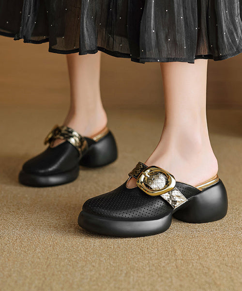 Sandals Slide 2025 Hollow Leather Out Cowhide Platform Apricot FashionChic