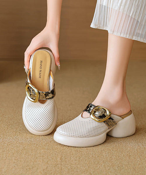 Sandals Slide 2025 Hollow Leather Out Cowhide Platform Apricot FashionChic