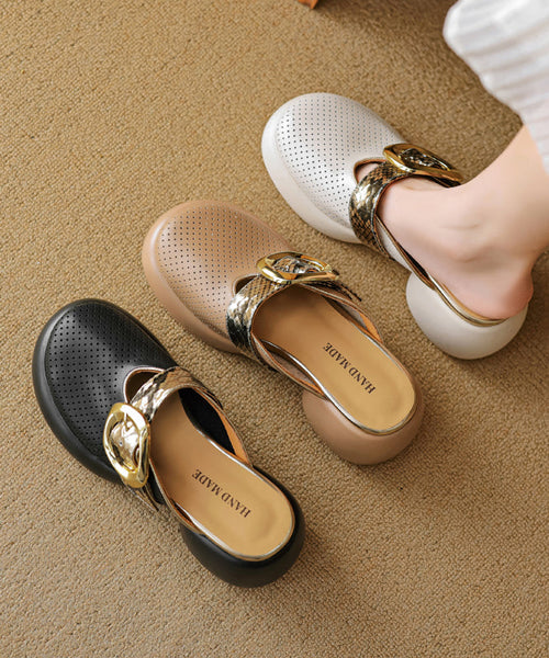 Sandals Slide 2025 Hollow Leather Out Cowhide Platform Apricot FashionChic