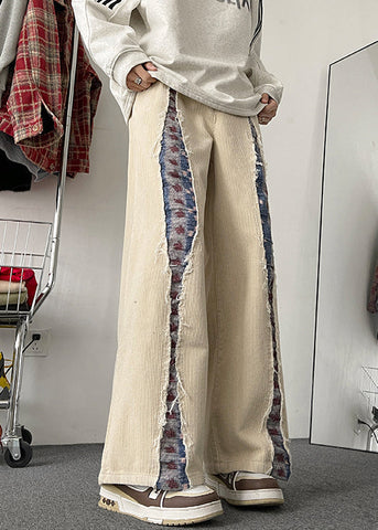 Pockets Men Wide Leg Apricot Patchwork Elastic Corduroy Pants FashionChic