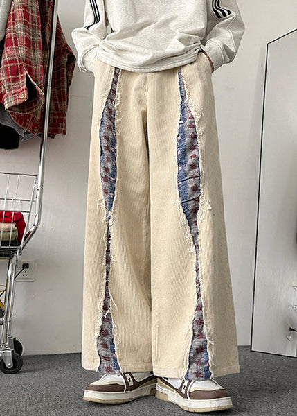 Pockets Men Wide Leg Apricot Patchwork Elastic Corduroy Pants FashionChic