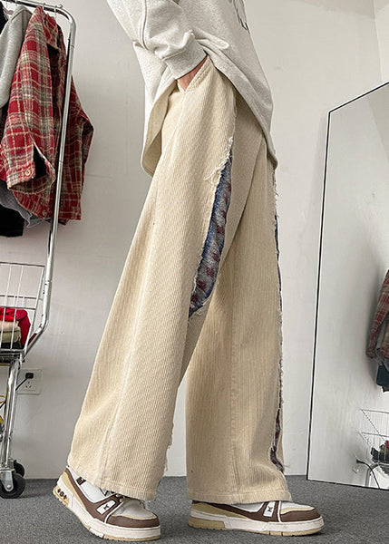 Pockets Men Wide Leg Apricot Patchwork Elastic Corduroy Pants FashionChic