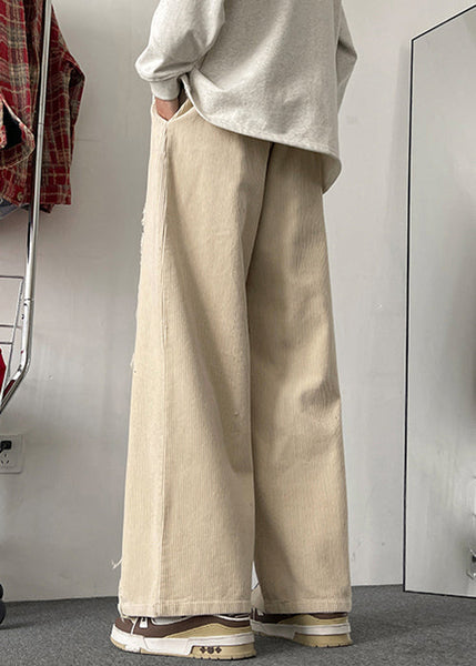 Pockets Men Wide Leg Apricot Patchwork Elastic Corduroy Pants FashionChic