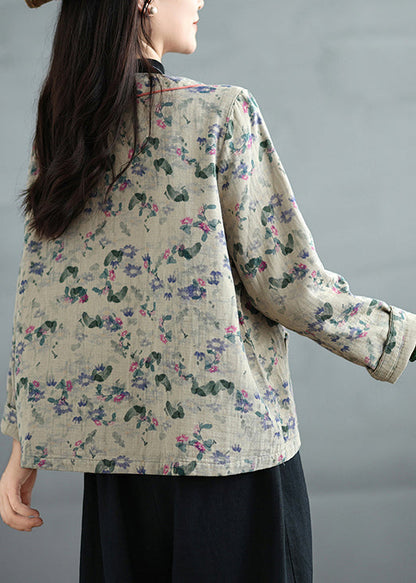 Apricot Print Pockets Cotton Fall Coats V Neck QG041 OM-CTS241016