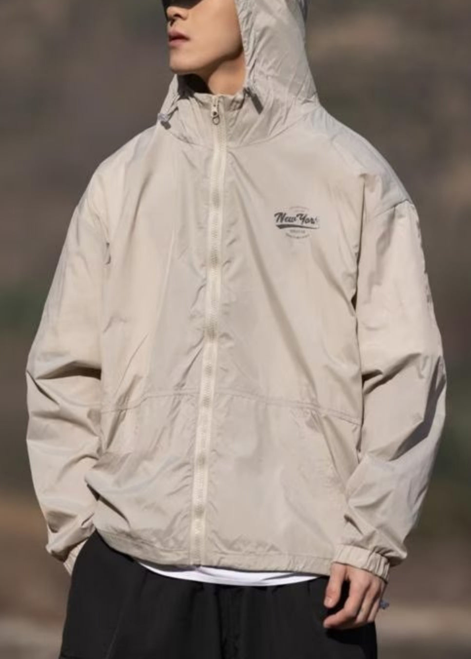 Hooded Mens Print Pockets Summer Coats Apricot Ice Thin Silk FashionChic