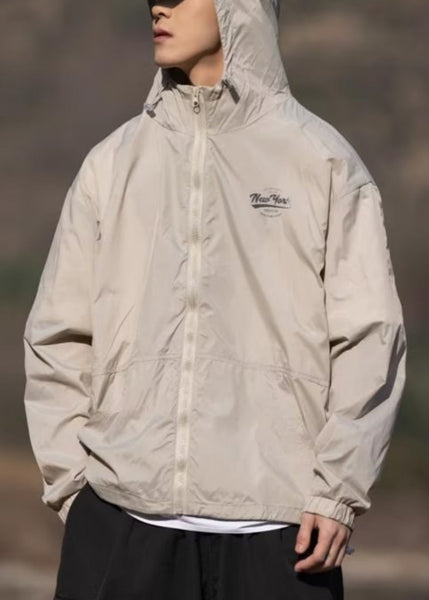 Hooded Mens Print Pockets Summer Coats Apricot Ice Thin Silk FashionChic