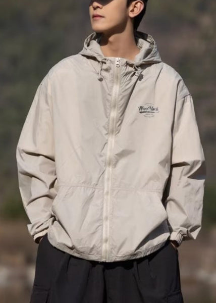 Hooded Mens Print Pockets Summer Coats Apricot Ice Thin Silk FashionChic