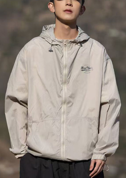 Hooded Mens Print Pockets Summer Coats Apricot Ice Thin Silk FashionChic