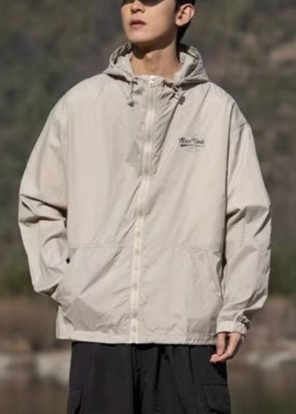 Hooded Mens Print Pockets Summer Coats Apricot Ice Thin Silk FashionChic