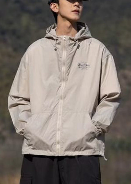 Hooded Mens Print Pockets Summer Coats Apricot Ice Thin Silk FashionChic