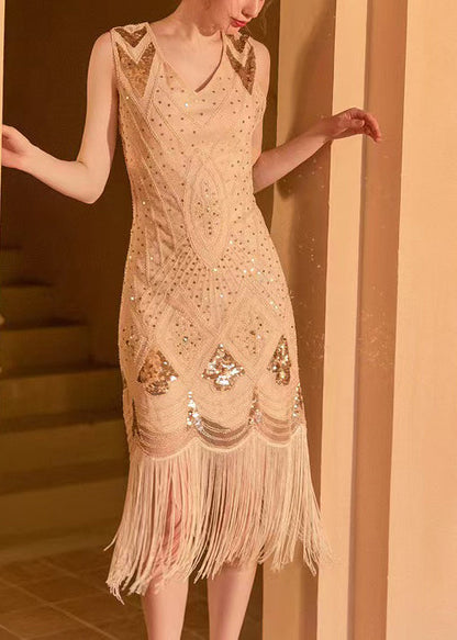 Tasseled Work Sleeveless Sequins Apricot Dress Lace FashionChic