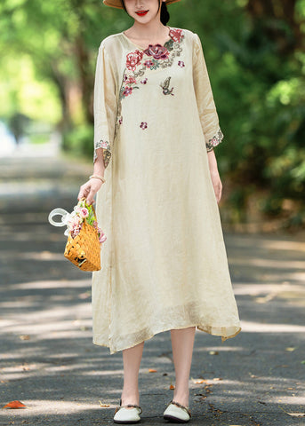 Open Side Linen Apricot Bracelet Sleeve Dresses Embroidered FashionChic