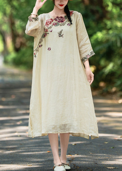Open Side Linen Apricot Bracelet Sleeve Dresses Embroidered FashionChic
