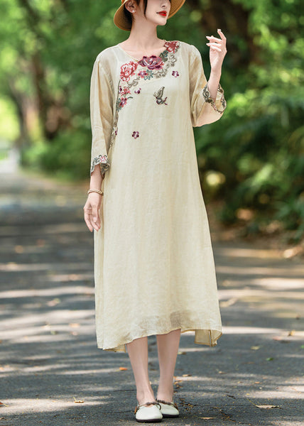 Open Side Linen Apricot Bracelet Sleeve Dresses Embroidered FashionChic