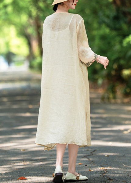 Open Side Linen Apricot Bracelet Sleeve Dresses Embroidered FashionChic