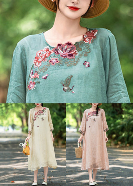Open Side Linen Apricot Bracelet Sleeve Dresses Embroidered FashionChic