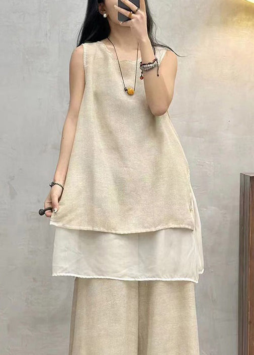 Apricot Side Open Patchwork Cotton Tank O Neck Summer AU1043 MZF-240903