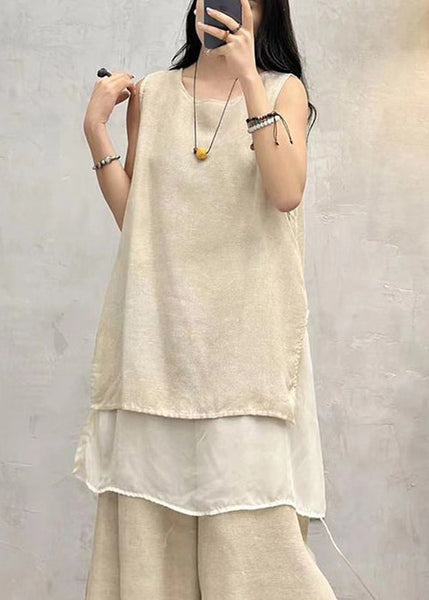 Apricot Side Open Patchwork Cotton Tank O Neck Summer AU1043 MZF-240903
