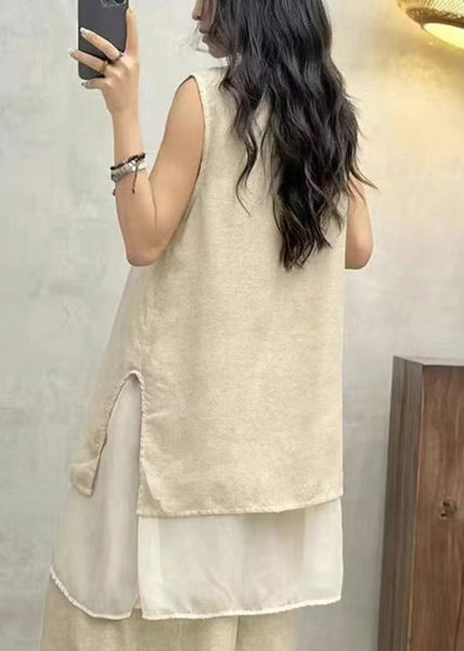 Apricot Side Open Patchwork Cotton Tank O Neck Summer AU1043 MZF-240903