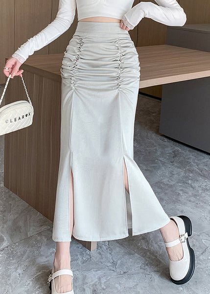 Apricot Side Open Silk Skirt Asymmetrical Wrinkled Spring QQ1048 Ada Fashion