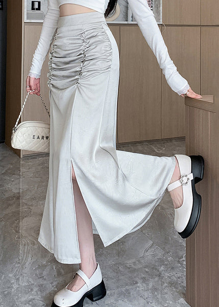 Apricot Side Open Silk Skirt Asymmetrical Wrinkled Spring QQ1048 Ada Fashion