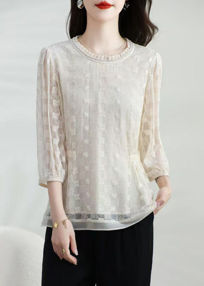 Silk Bracelet Classy Embroidered Neck Apricot Shirt O Top T FashionChic