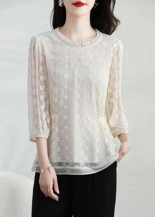 Silk Bracelet Classy Embroidered Neck Apricot Shirt O Top T FashionChic