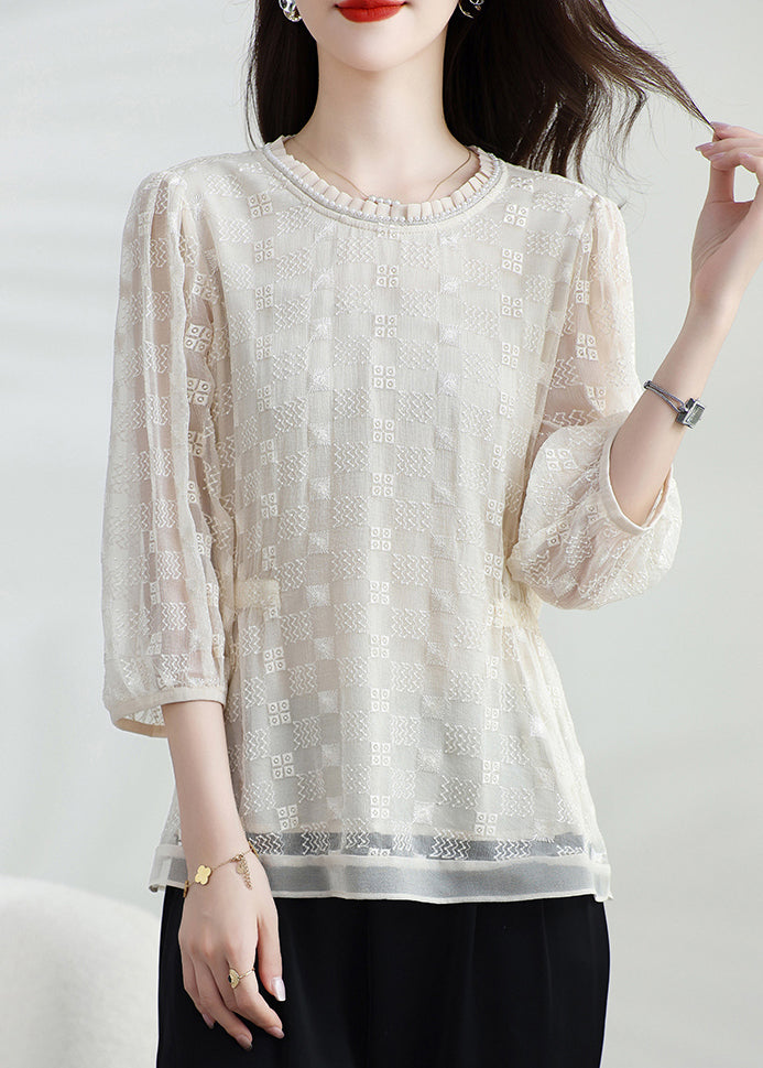 Silk Bracelet Classy Embroidered Neck Apricot Shirt O Top T FashionChic