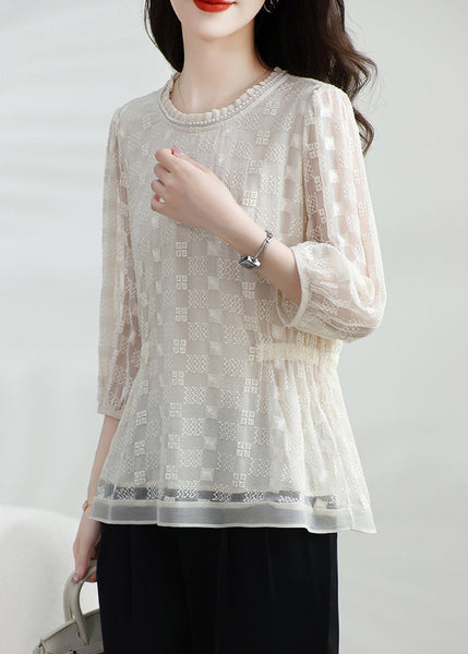 Silk Bracelet Classy Embroidered Neck Apricot Shirt O Top T FashionChic