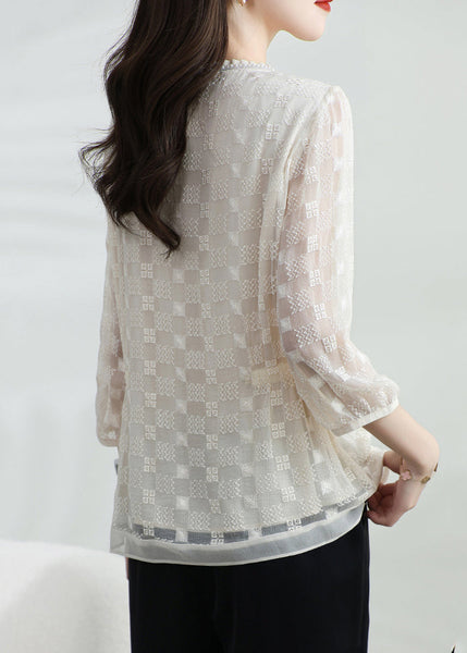 Silk Bracelet Classy Embroidered Neck Apricot Shirt O Top T FashionChic