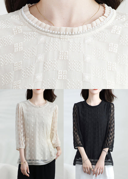 Silk Bracelet Classy Embroidered Neck Apricot Shirt O Top T FashionChic