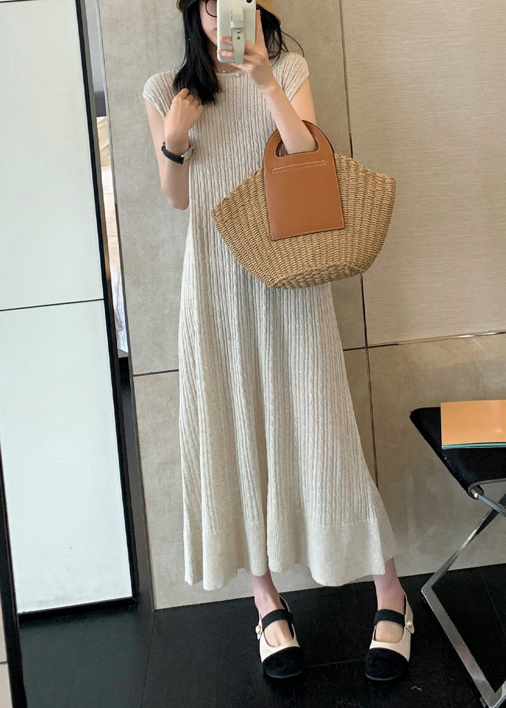 Apricot Solid Cozy Knit Long DressO Neck Sleeveless ZL009 SH-LF-SDL240621