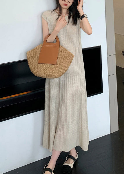 Apricot Solid Cozy Knit Long DressO Neck Sleeveless ZL009 SH-LF-SDL240621