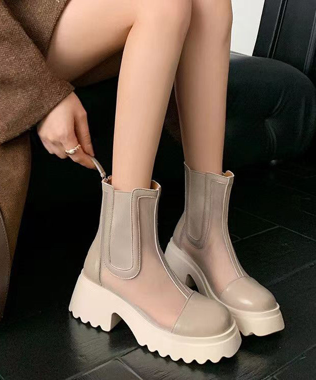 Apricot Stylish Hollow Out Breathable Tulle Splicing Chunky Boots JJ050 Shoe-XZ240609