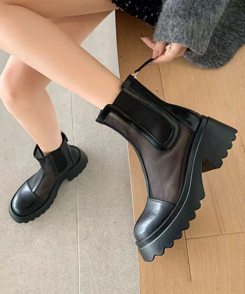 Apricot Stylish Hollow Out Breathable Tulle Splicing Chunky Boots JJ050 Shoe-XZ240609